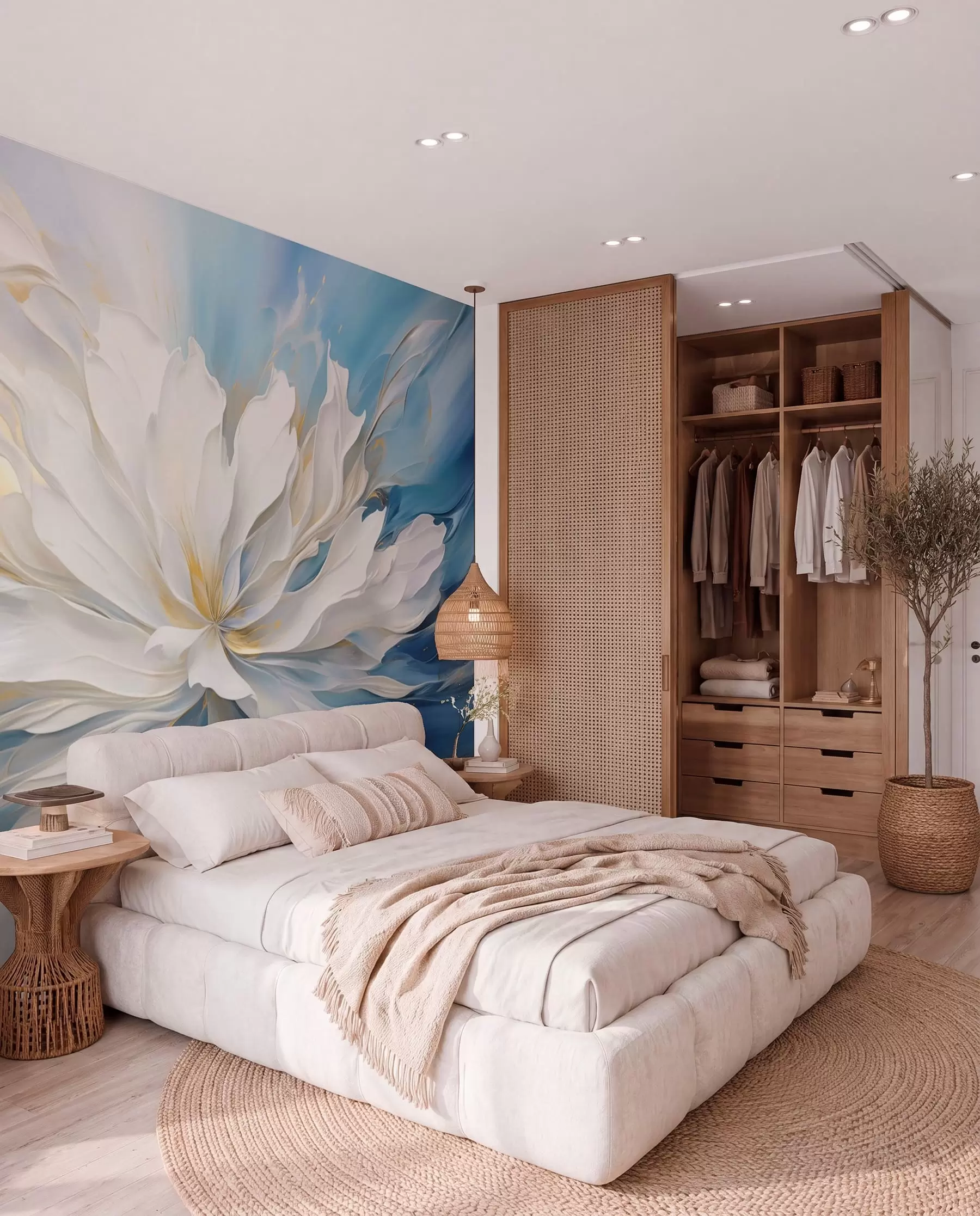 murais de parede Grande peônia branca em estilo pintura a óleo sobre fundo azul-amarelo w09511