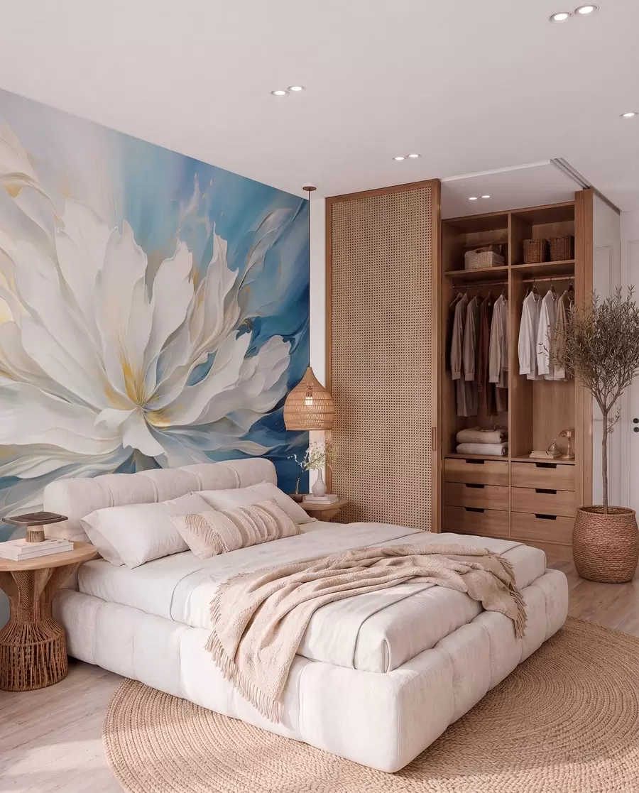 murais de parede Grande peônia branca em estilo pintura a óleo sobre fundo azul-amarelo w09511