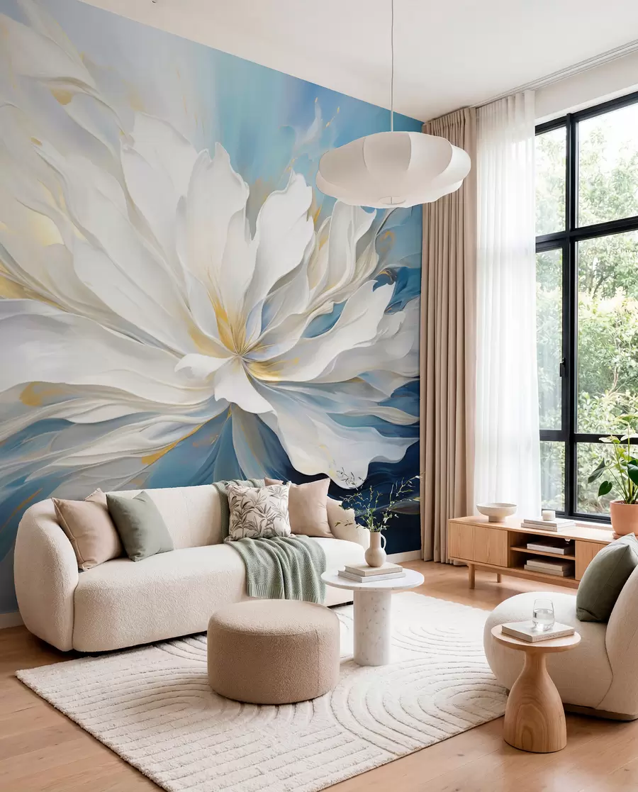 murais de parede Grande peônia branca em estilo pintura a óleo sobre fundo azul-amarelo w09511