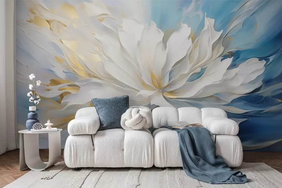 murais de parede Grande peônia branca em estilo pintura a óleo sobre fundo azul-amarelo w09511