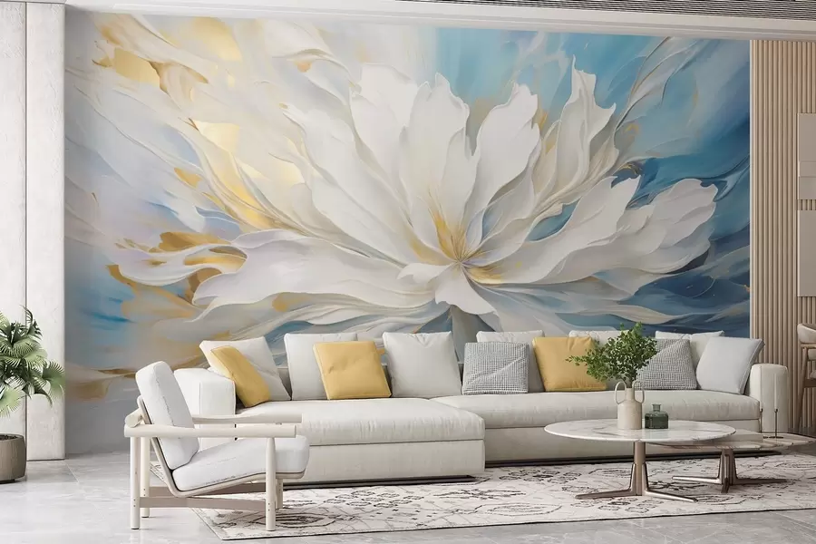 murais de parede Grande peônia branca em estilo pintura a óleo sobre fundo azul-amarelo w09511