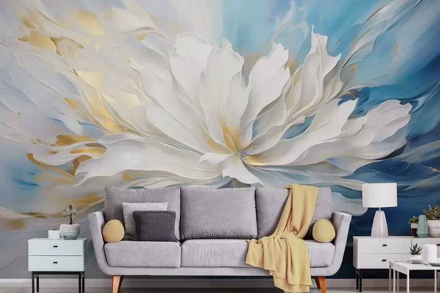 murais de parede Grande peônia branca em estilo pintura a óleo sobre fundo azul-amarelo w09511