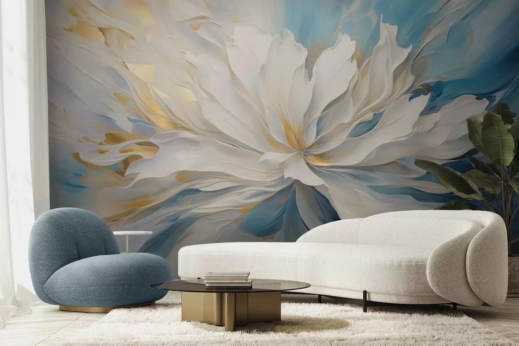 murais de parede Grande peônia branca em estilo pintura a óleo sobre fundo azul-amarelo w09511