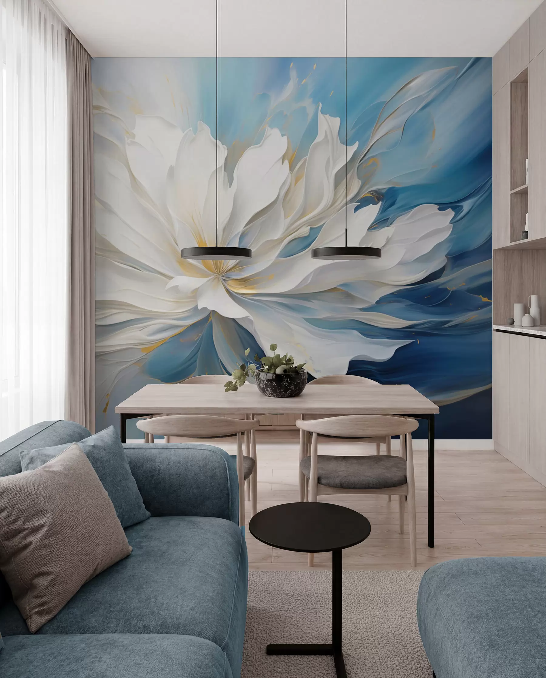 murais de parede Grande peônia branca em estilo pintura a óleo sobre fundo azul-amarelo w09511