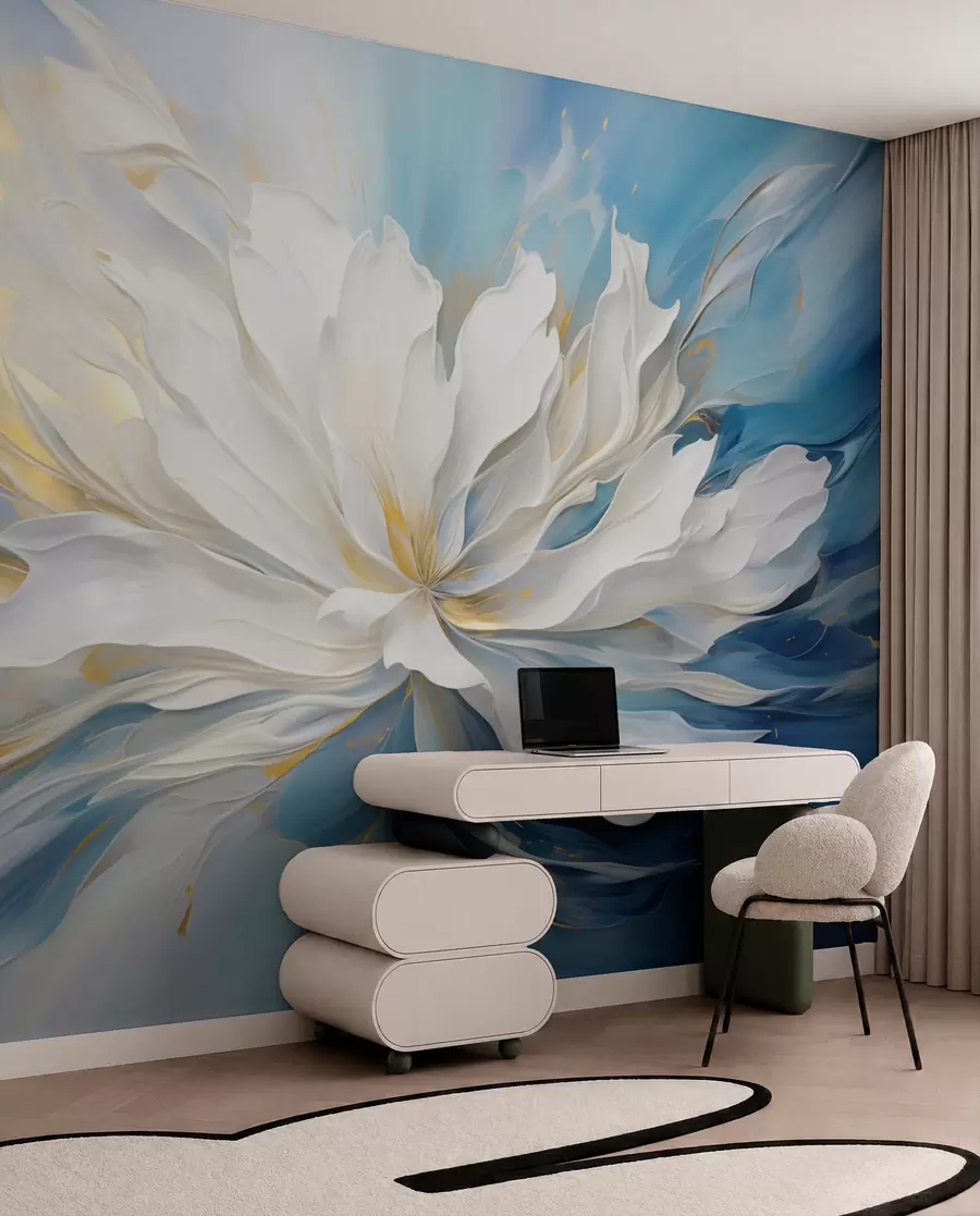 murais de parede Grande peônia branca em estilo pintura a óleo sobre fundo azul-amarelo w09511