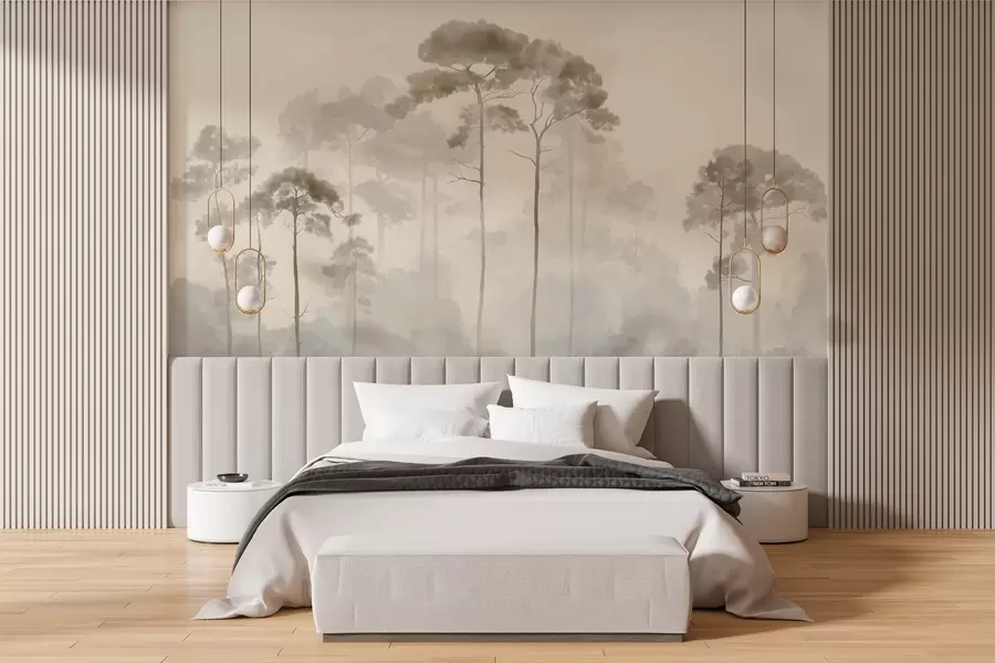 murais de parede silhuetas leves de pinheiros em estilo aquarela w04634