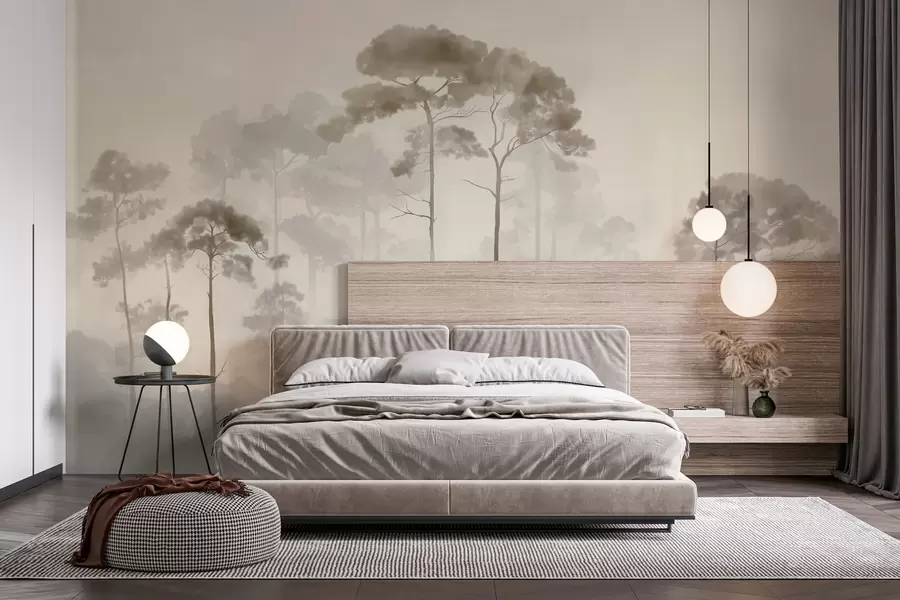 murais de parede silhuetas leves de pinheiros em estilo aquarela w04634