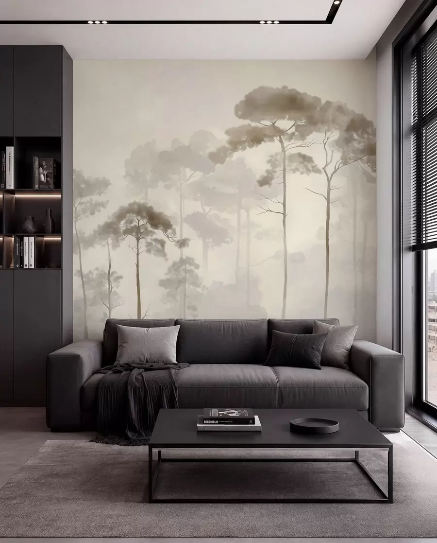 murais de parede silhuetas leves de pinheiros em estilo aquarela w04634