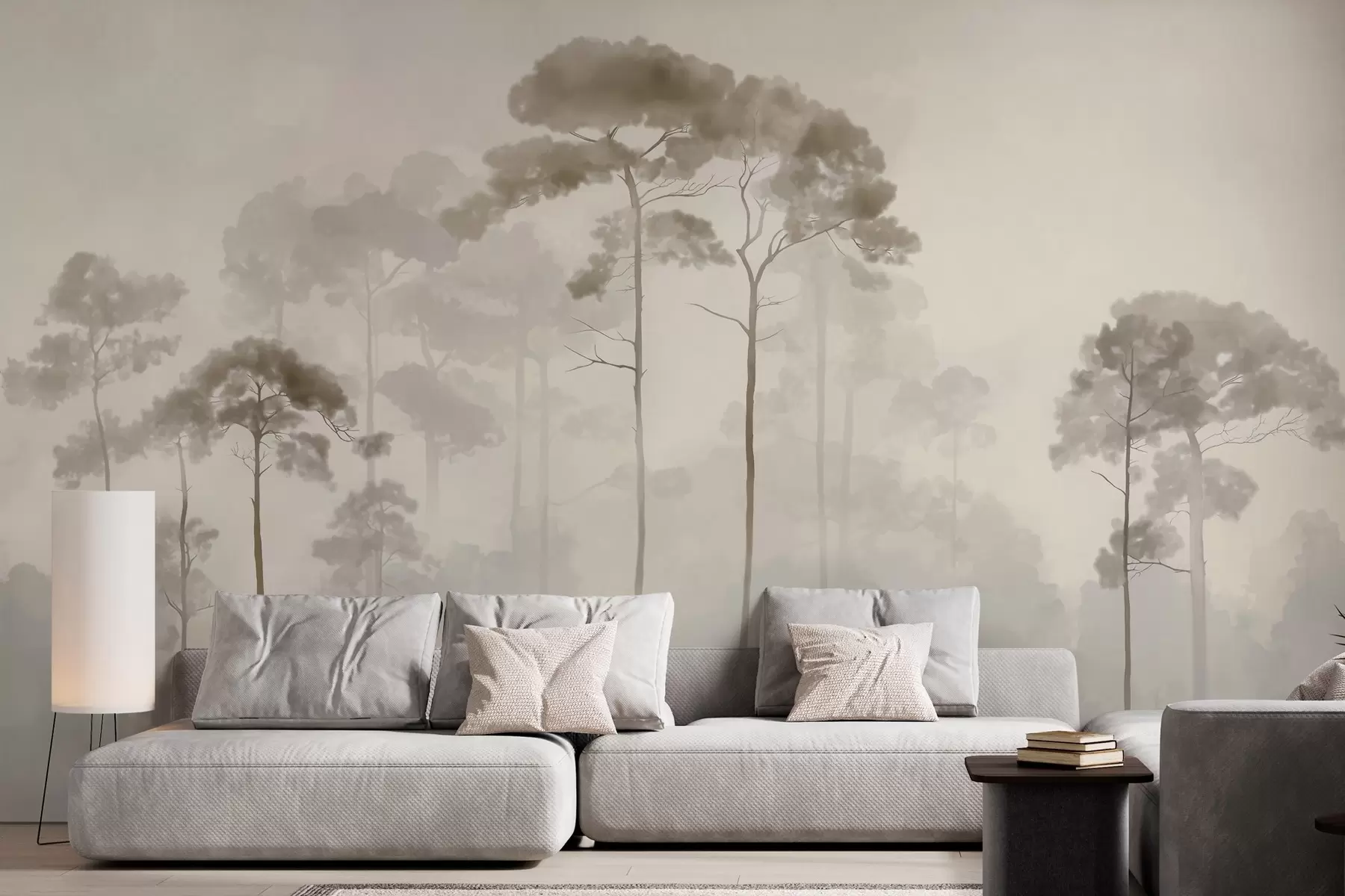 murais de parede silhuetas leves de pinheiros em estilo aquarela w04634