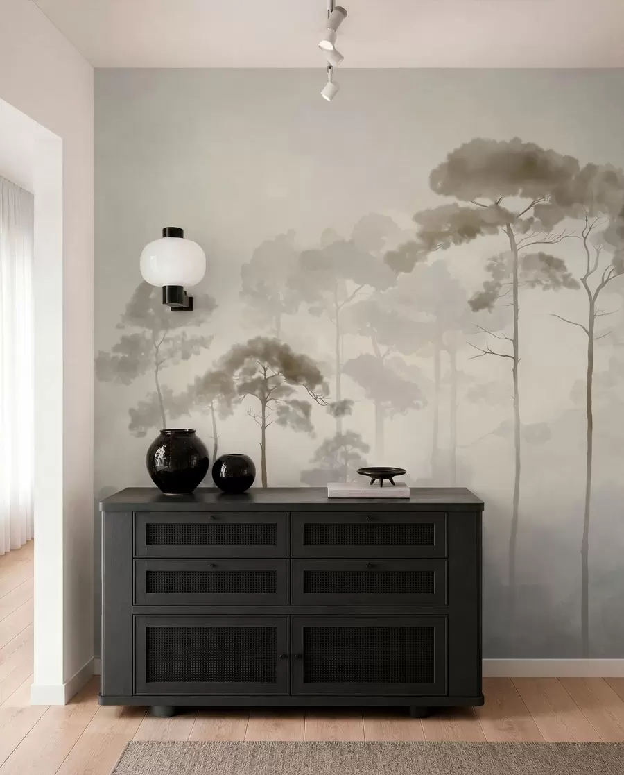 murais de parede silhuetas leves de pinheiros em estilo aquarela w04634