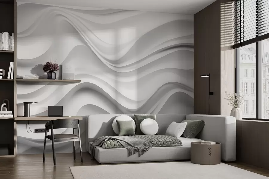 murais de parede Composição 3D abstrata em preto e branco com ondas suaves w09506