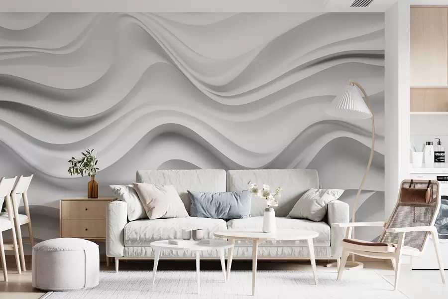 murais de parede Composição 3D abstrata em preto e branco com ondas suaves w09506