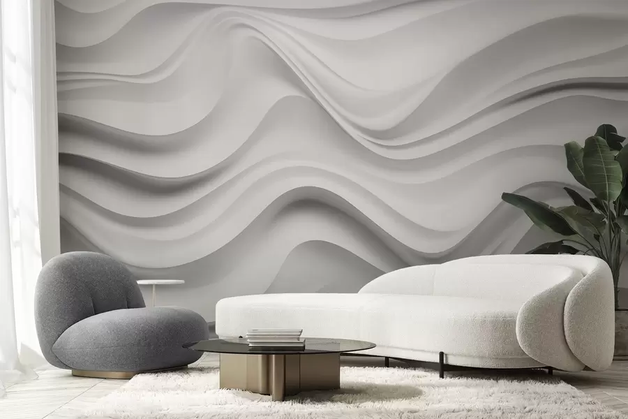 murais de parede Composição 3D abstrata em preto e branco com ondas suaves w09506