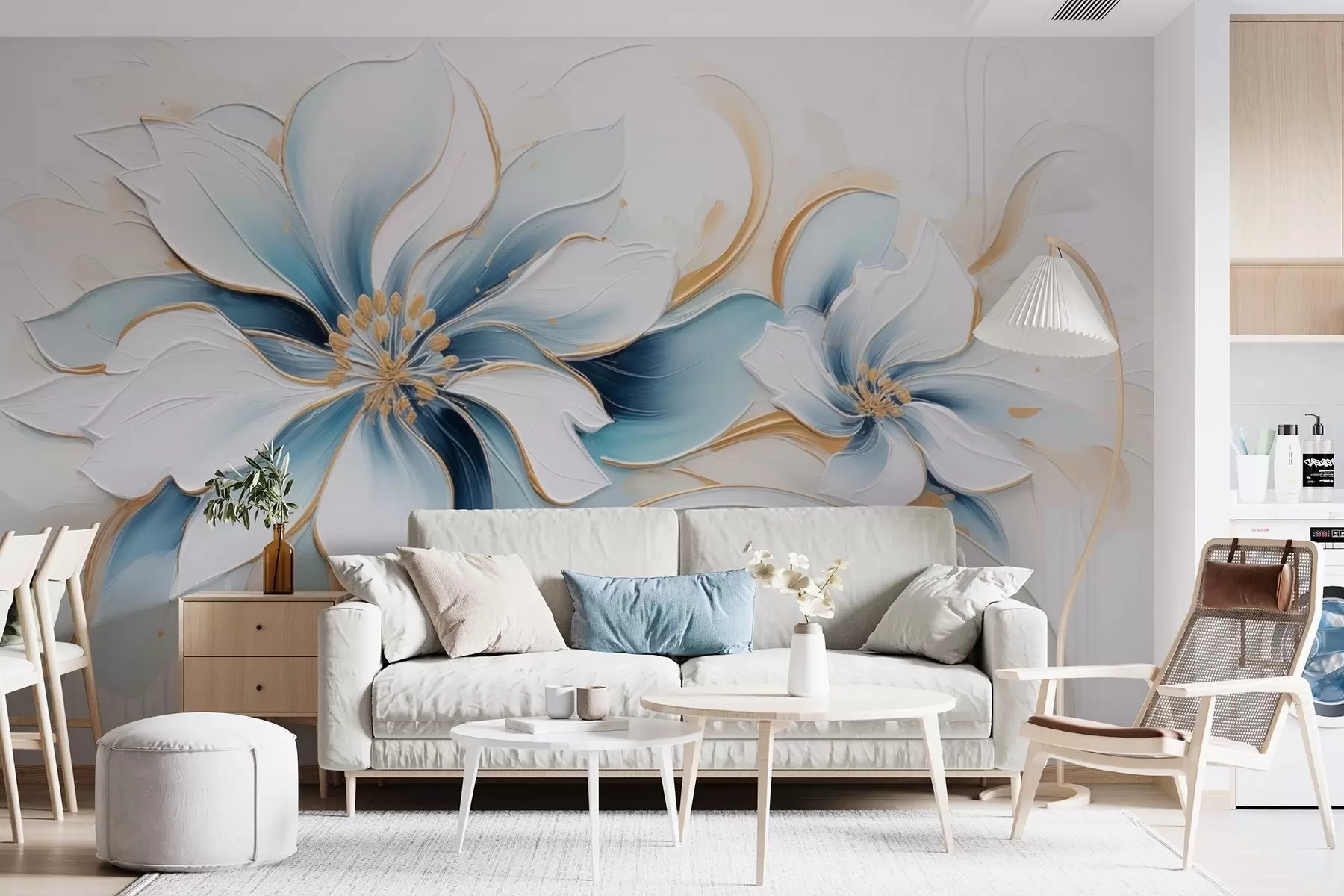 murais de parede Abstração pictórica com flores azuis em estilo pintura a óleo w09524