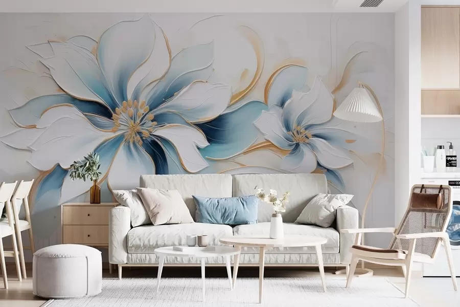 murais de parede Abstração pictórica com flores azuis em estilo pintura a óleo w09524
