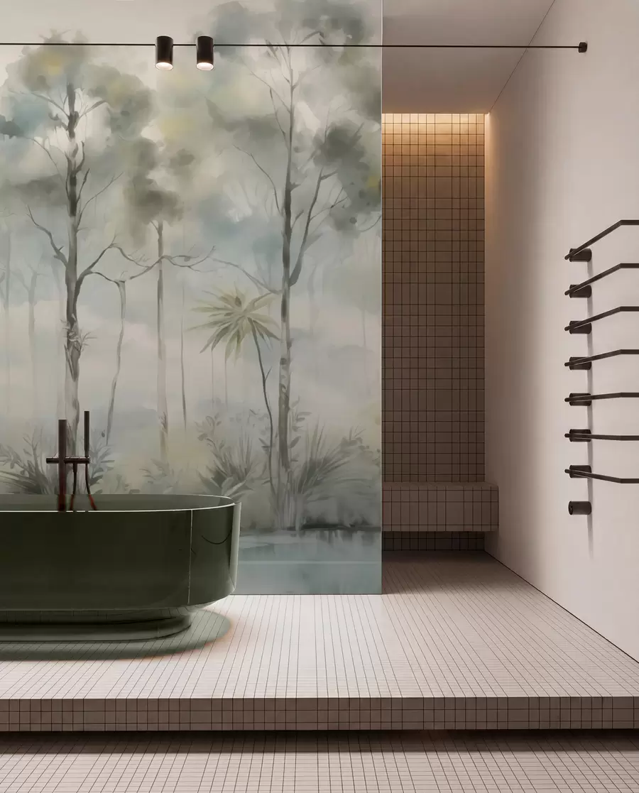 murais de parede Floresta enevoada à beira da água com garças, paleta suave e fria w04788