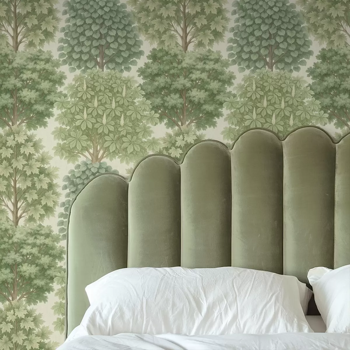 Papel de parede Jardim arborizado em tons suaves de verde sobre um fundo claro a00775