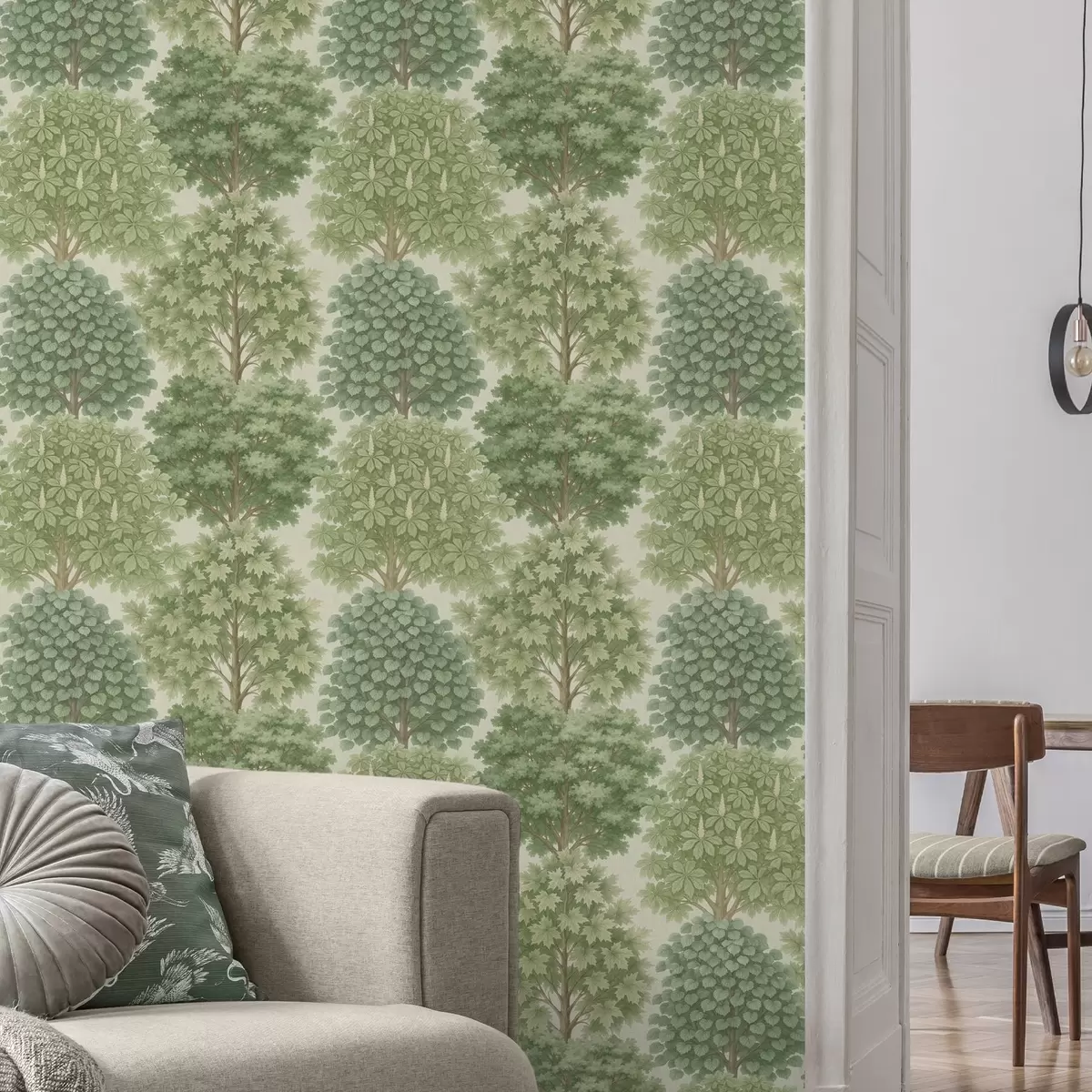 Papel de parede Jardim arborizado em tons suaves de verde sobre um fundo claro a00775