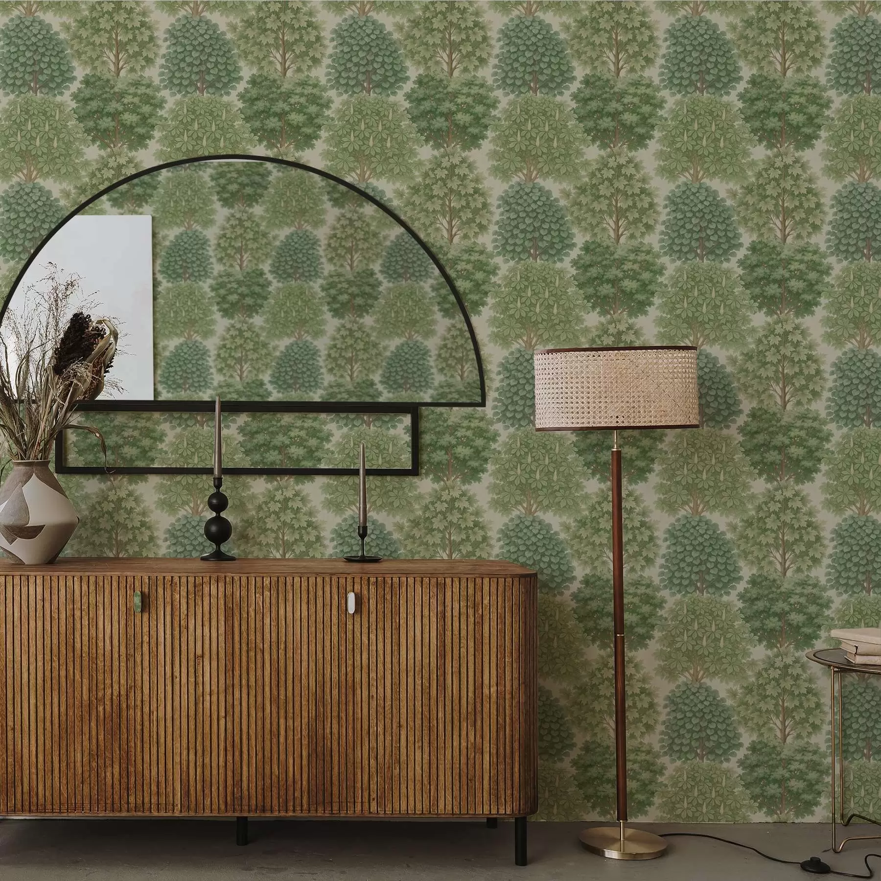 murais de parede Jardim arborizado em tons suaves de verde sobre um fundo claro a00775