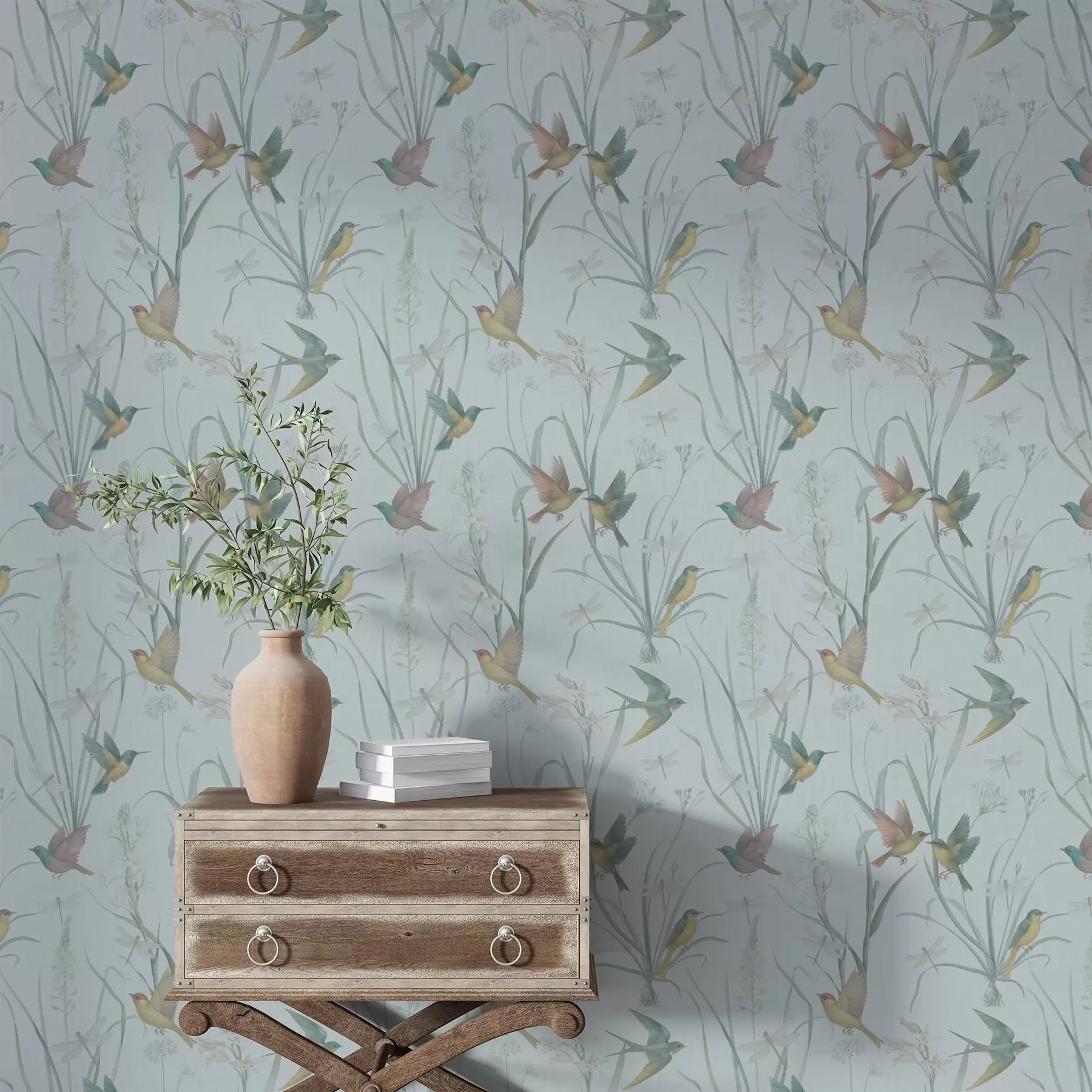 murais de parede Pássaros entre as ervas do prado em um terreno cinza-azulado a00776