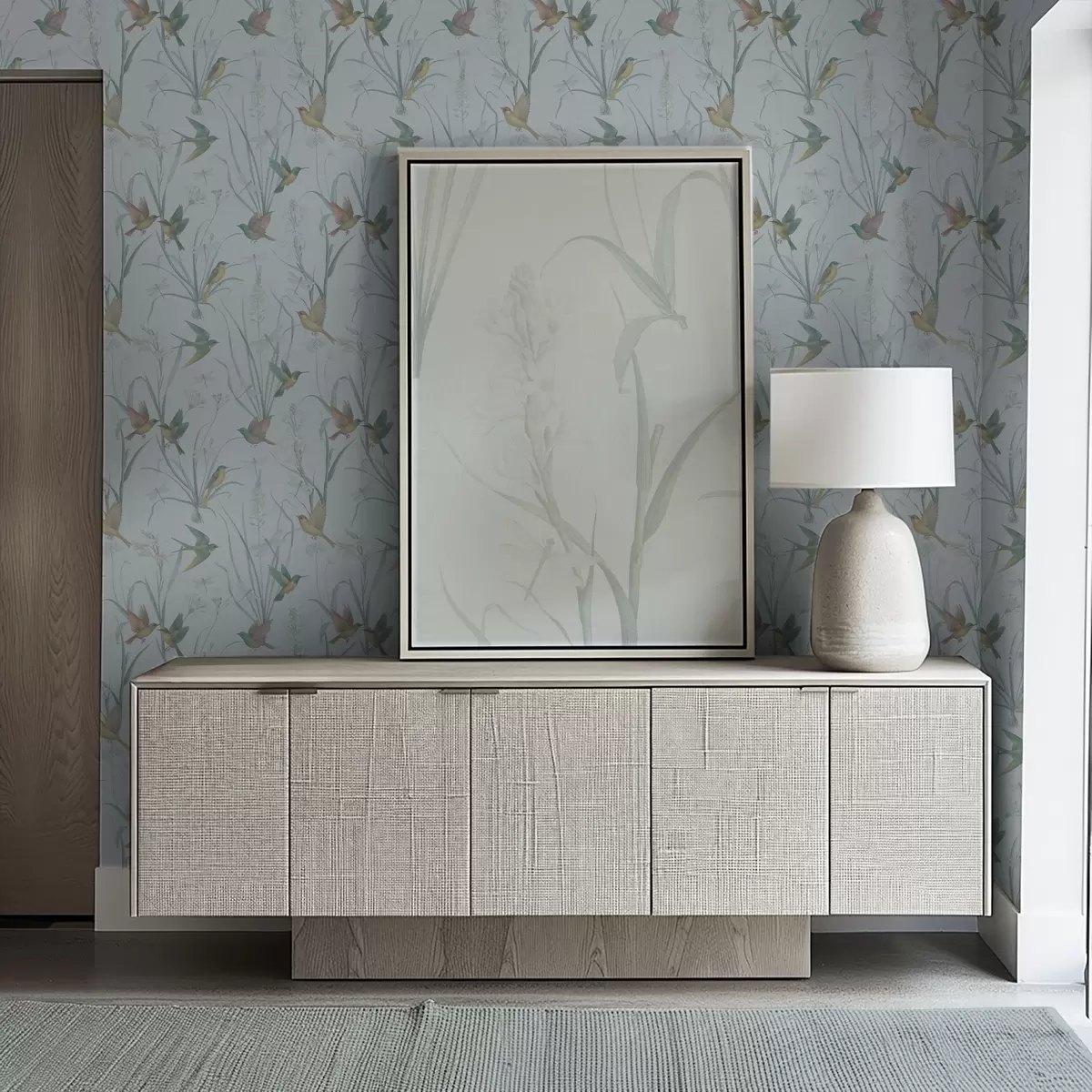 Papel de parede Pássaros entre as ervas do prado em um terreno cinza-azulado a00776