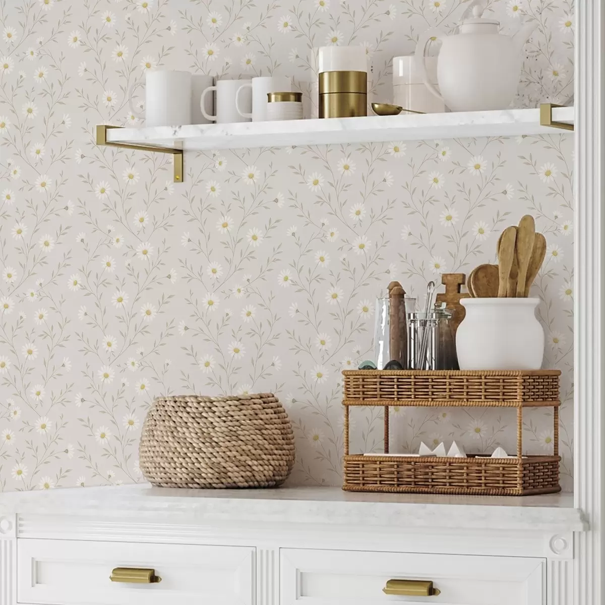 Papel de parede Pequenas margaridas em galhos, bege quente a00777