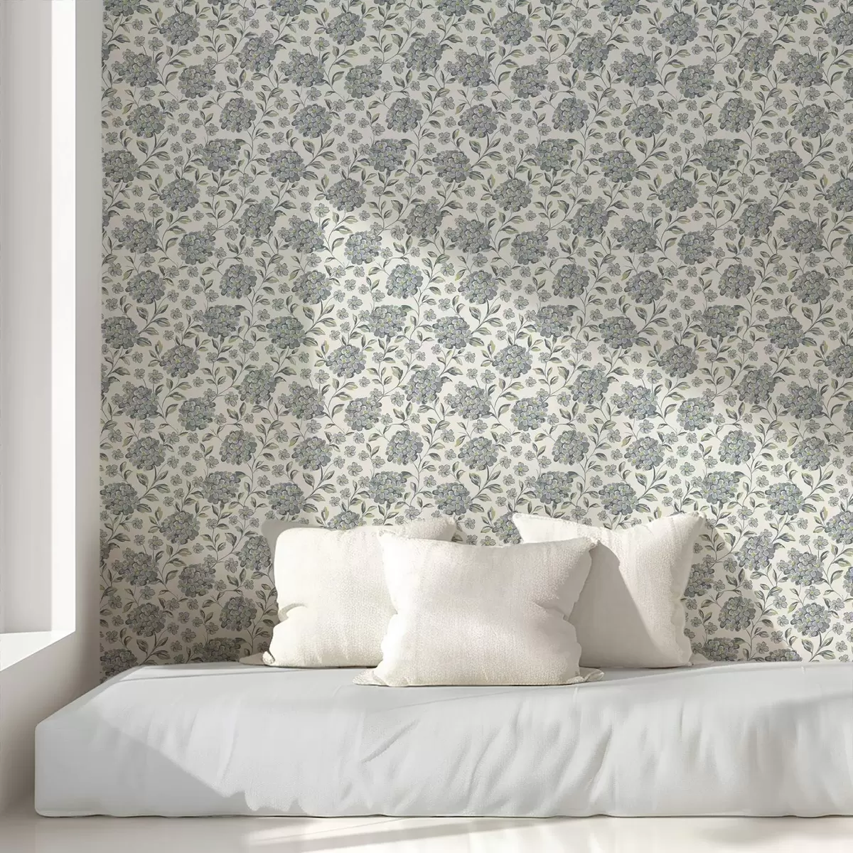 Papel de parede Flores e folhas espessas em uma paleta cinza-azulada a00778
