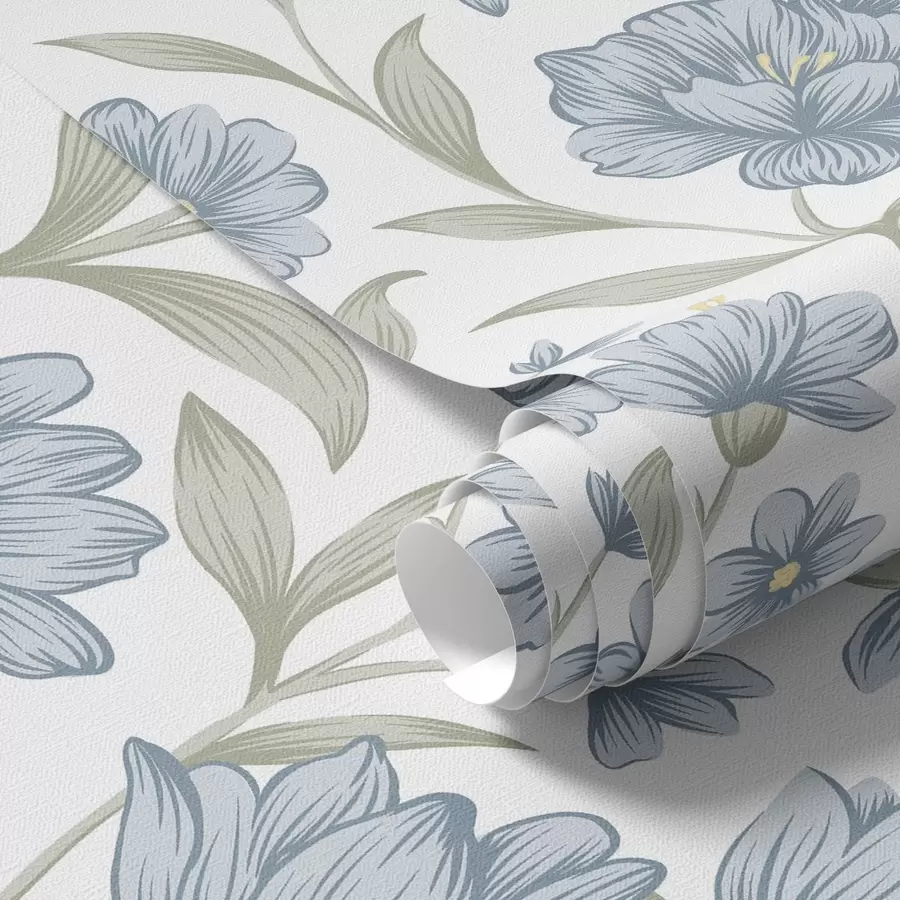 murais de parede Flores azuis empoeiradas com folhas de oliveira sobre fundo branco a00780