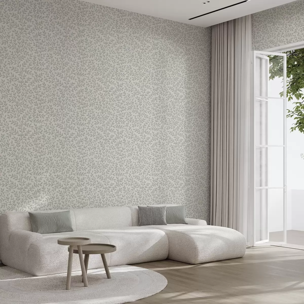 Papel de parede Galhos com folhas e bagas, creme claro e salva a00783