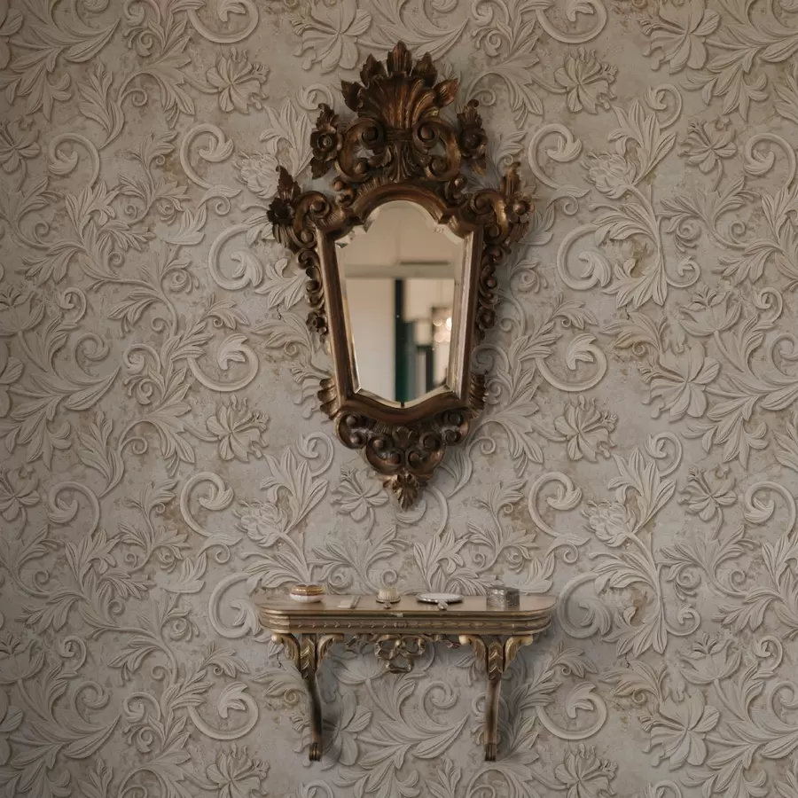 murais de parede Relevo em pedra com arabescos florais, bege vintage a00784