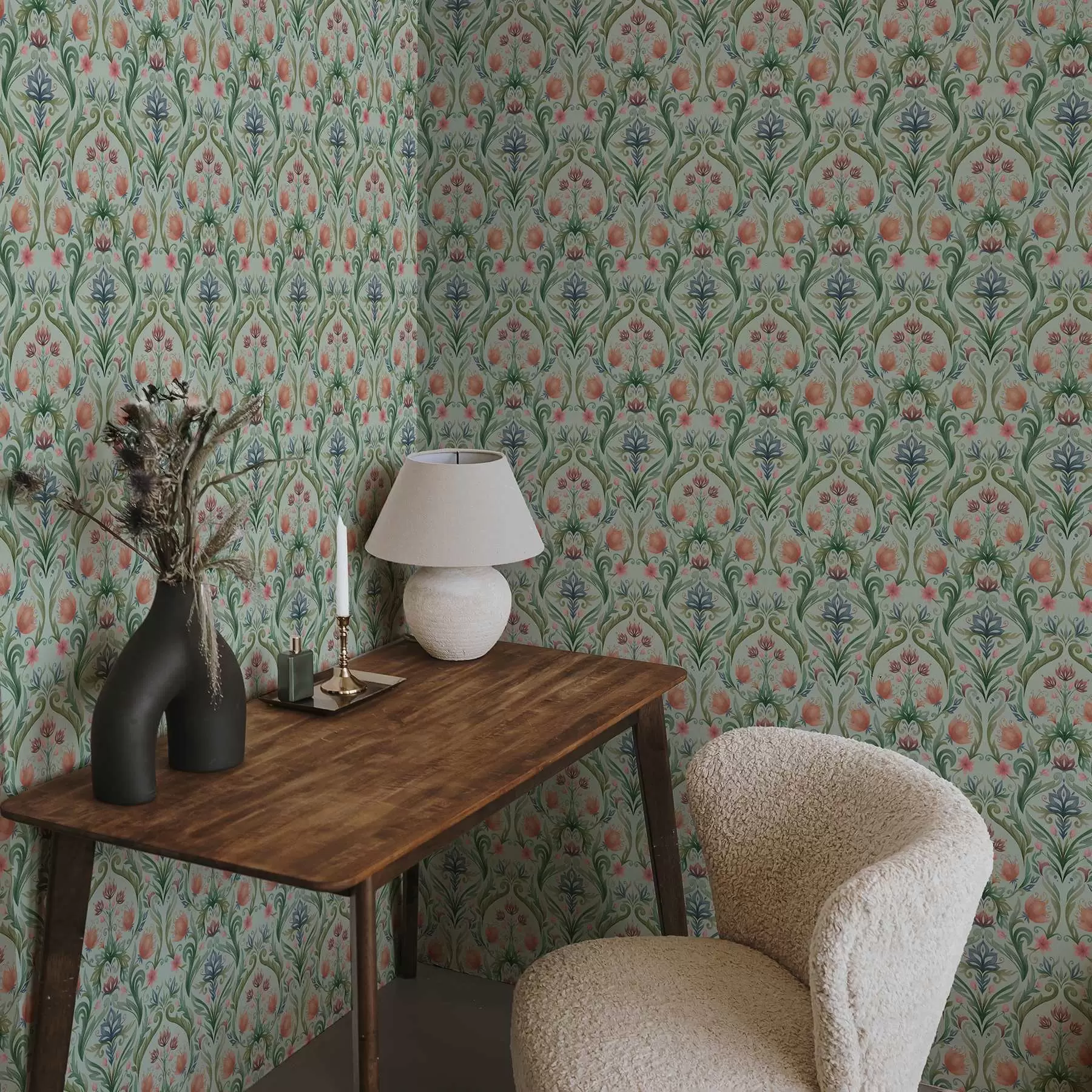 murais de parede Ornamento floral simétrico, paleta de cores creme-menta a00827v1