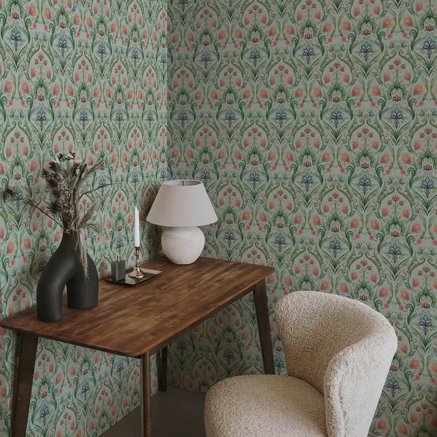 murais de parede Ornamento floral simétrico, paleta de cores creme-menta a00827v1