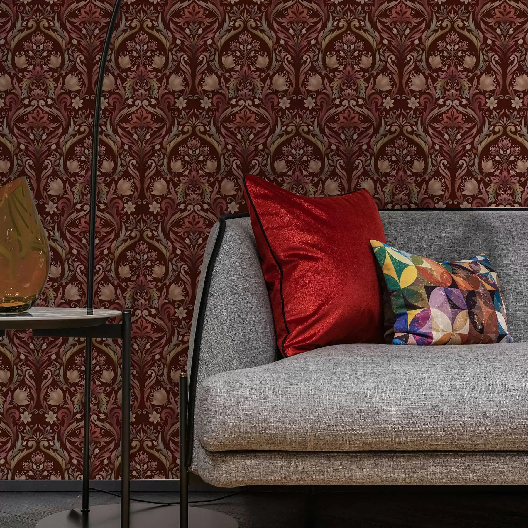 murais de parede Ornamento de tulipa, fundo bordô intenso a00827v2