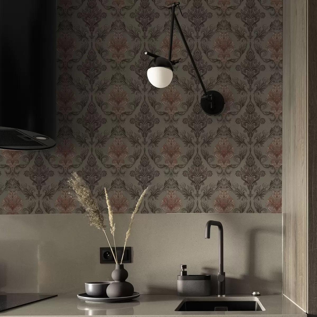 Papel de parede Damasco terracota sobre fundo verde-oliva suave a00828v3