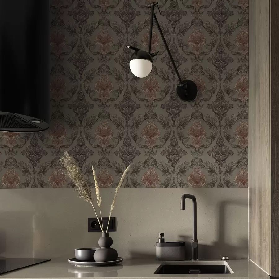 murais de parede Damasco terracota sobre fundo verde-oliva suave a00828v3