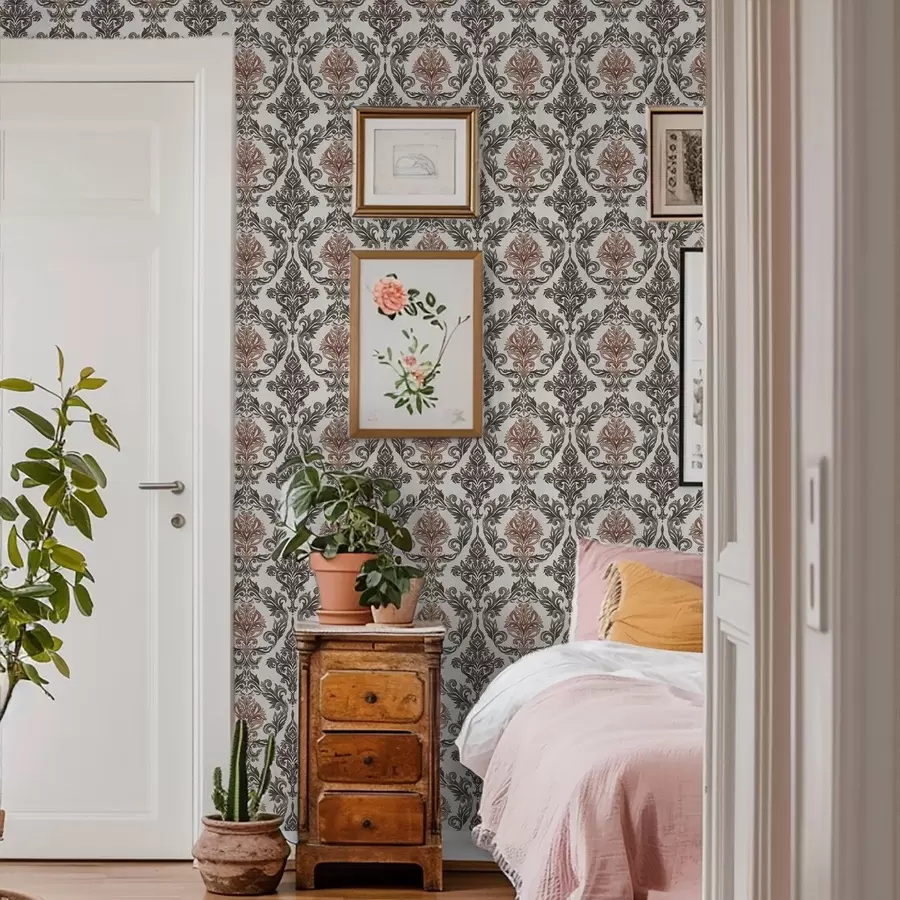 murais de parede Damasco com detalhes em marrom-cobre sobre fundo claro a00828v4