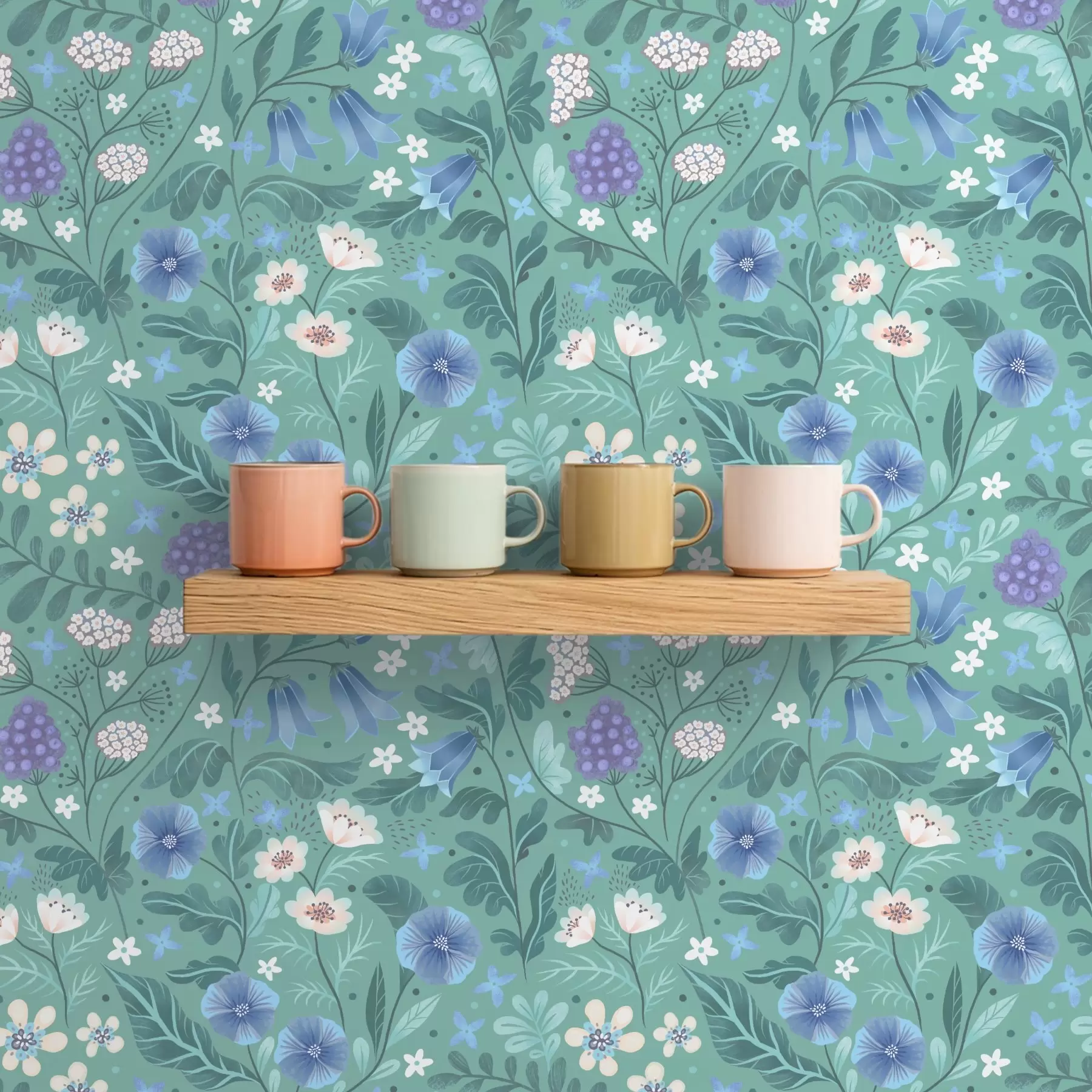 murais de parede Flores silvestres e bagas sobre fundo suave em tons de menta a00849