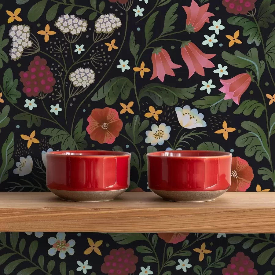 murais de parede Flores silvestres e bagas sobre fundo preto intenso a00849v3