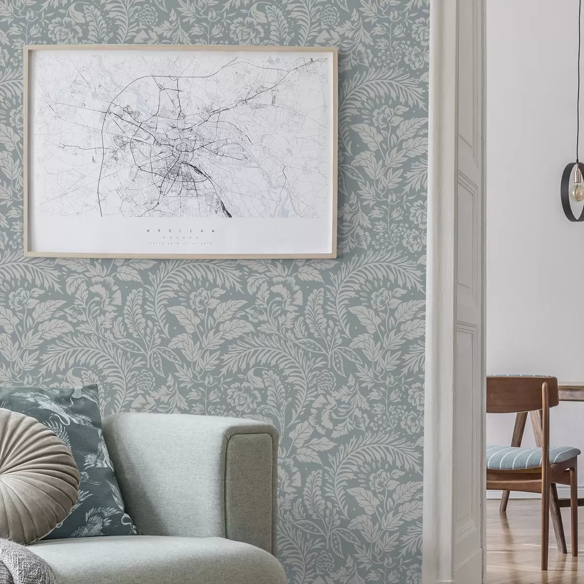 Papel de parede Padrão floral monocromático sobre fundo cinza-azulado a00859