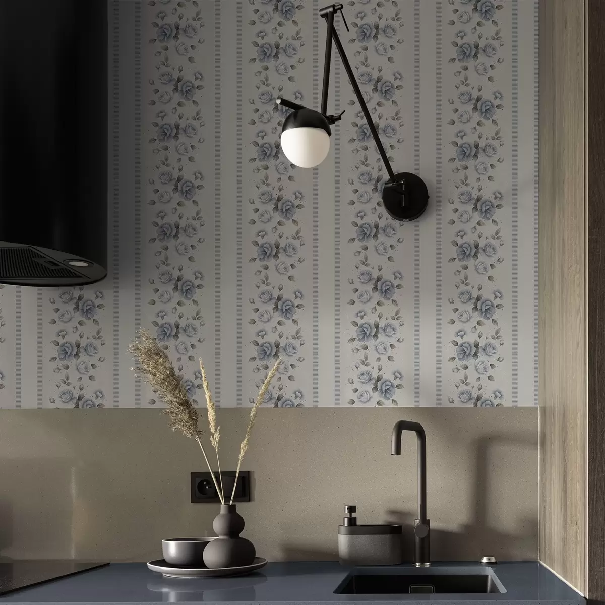 Papel de parede Rosas azuis em faixas verticais sobre um fundo claro a00860