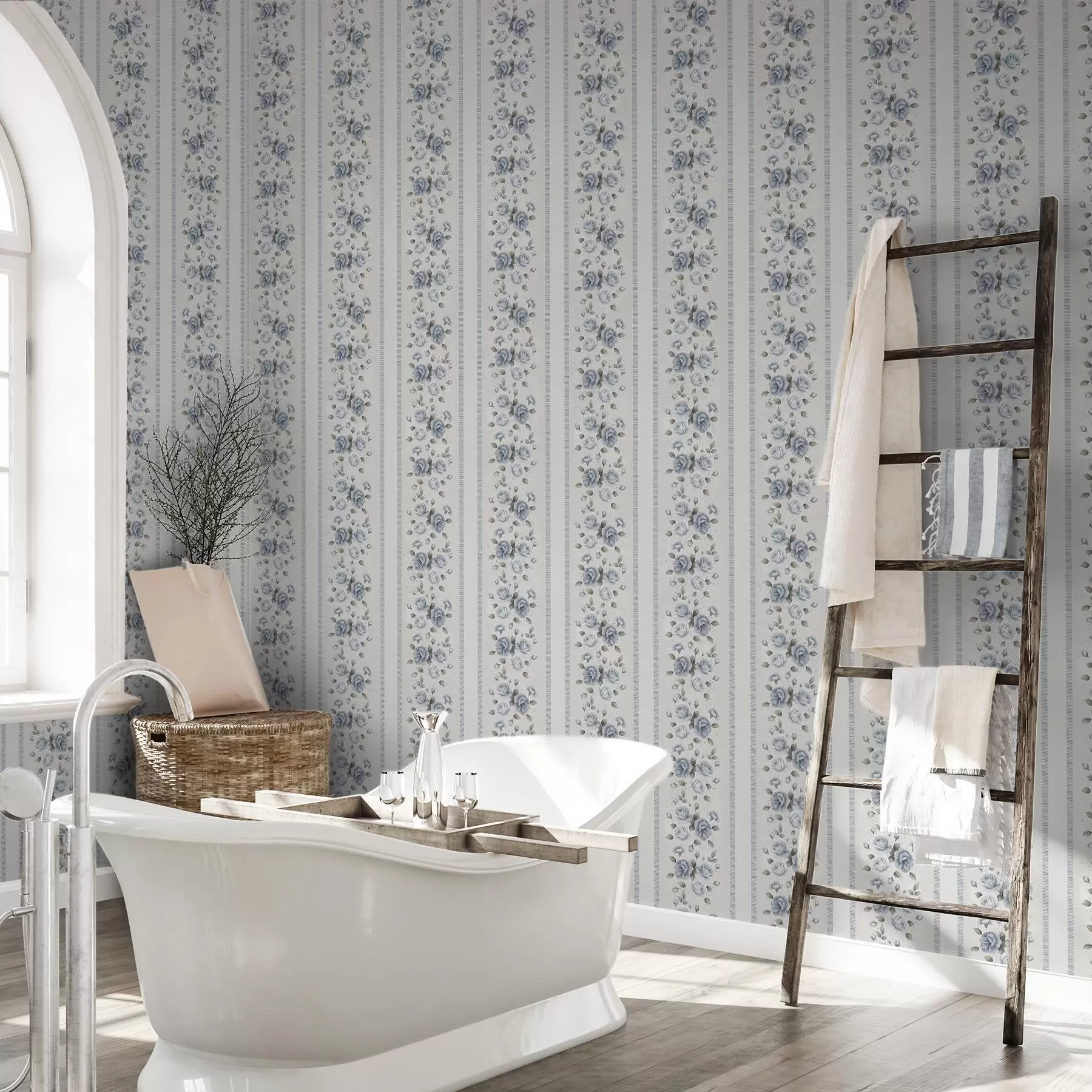 murais de parede Rosas azuis em faixas verticais sobre um fundo claro a00860