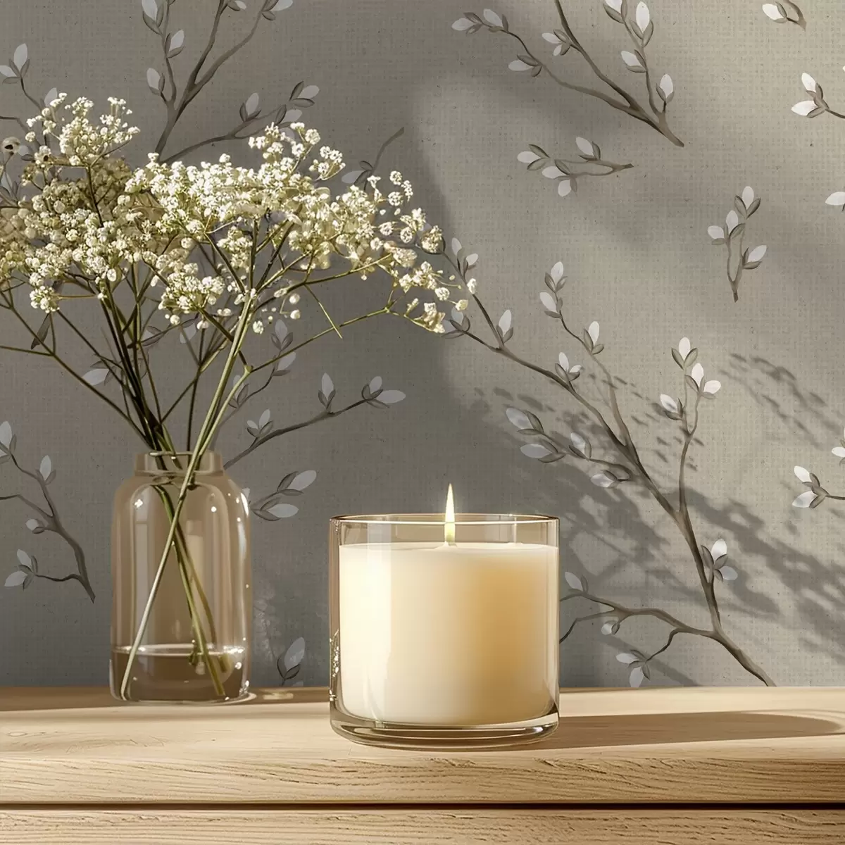 Papel de parede Galhos com botões brancos sobre fundo cinza-claro a00861