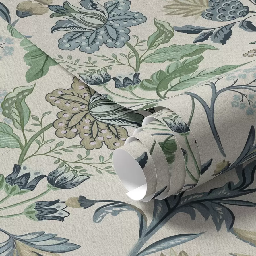 murais de parede Flores e folhas folclóricas azul-esverdeadas sobre fundo creme a00863