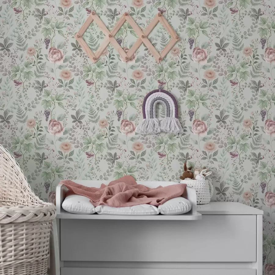 murais de parede Jardim em tons pastéis com rosas, samambaias e uvas a00867