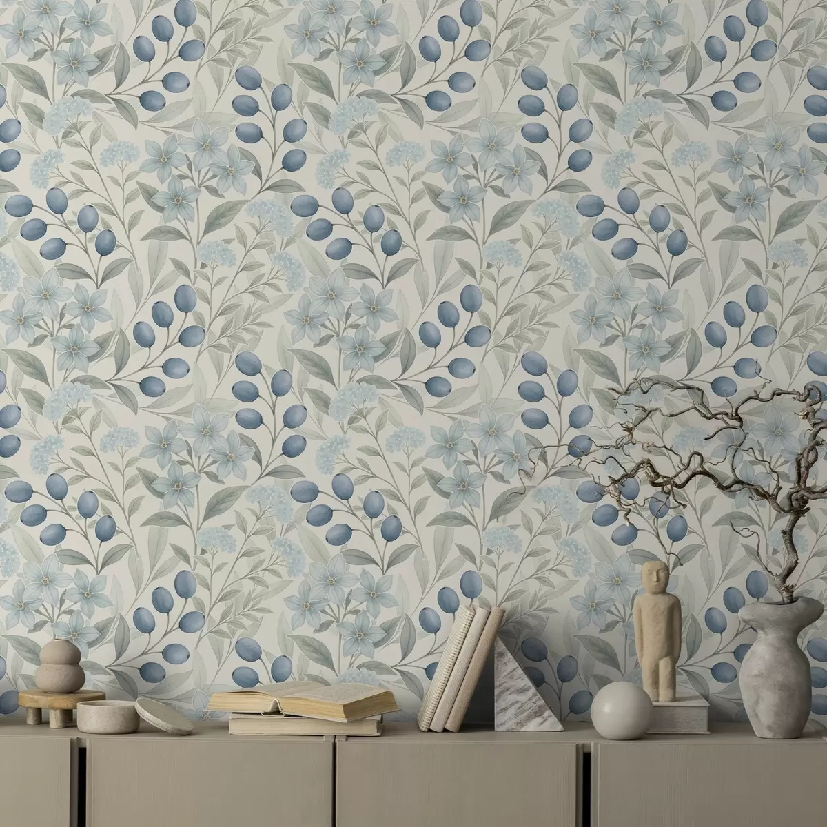 Papel de parede Mirtilos azuis e flores claras sobre marfim a00872