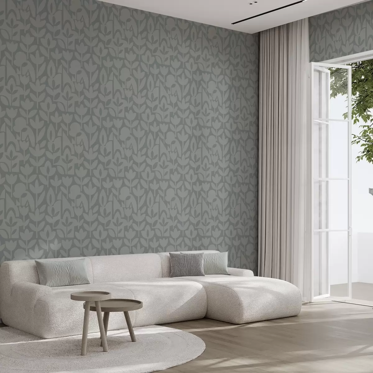 Papel de parede Silhuetas florais geométricas em azul ardósia a00875