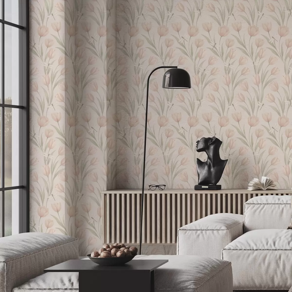 Papel de parede Tulipas em tons pastel com libélulas em rosa claro a00876