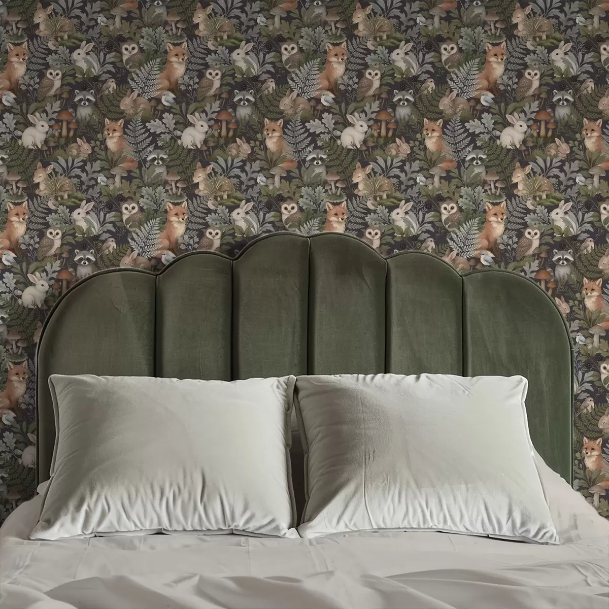 Papel de parede Animais da floresta e samambaias em carvão vegetal escuro a00880