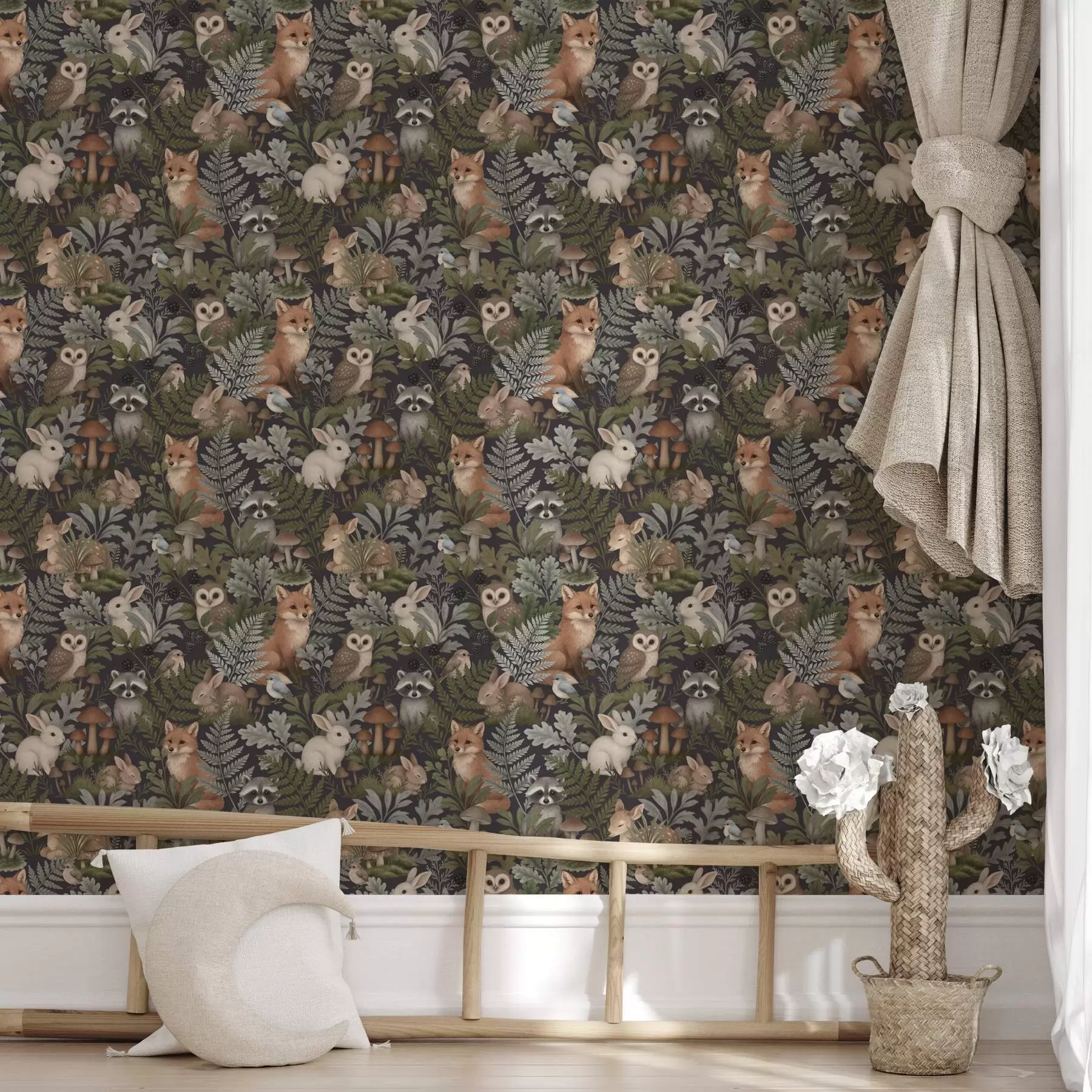 murais de parede Animais da floresta e samambaias em carvão vegetal escuro a00880