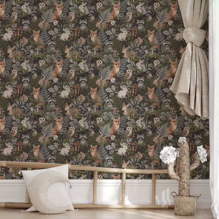 murais de parede Animais da floresta e samambaias em carvão vegetal escuro a00880